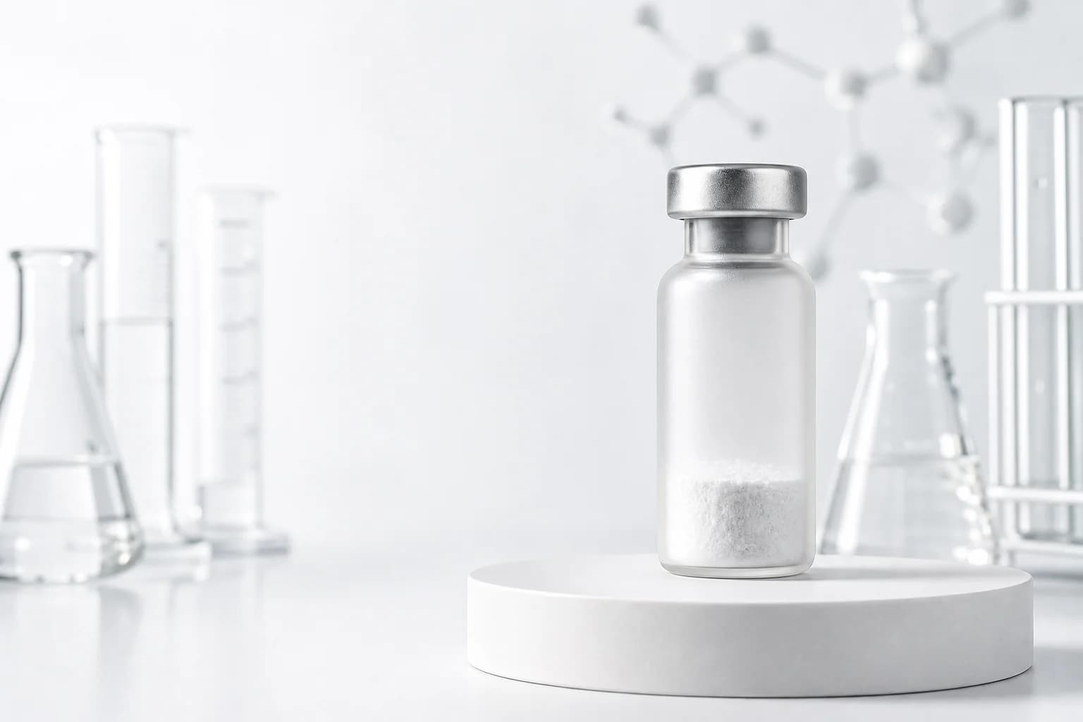 Research-grade peptide vial in a laboratory setting
